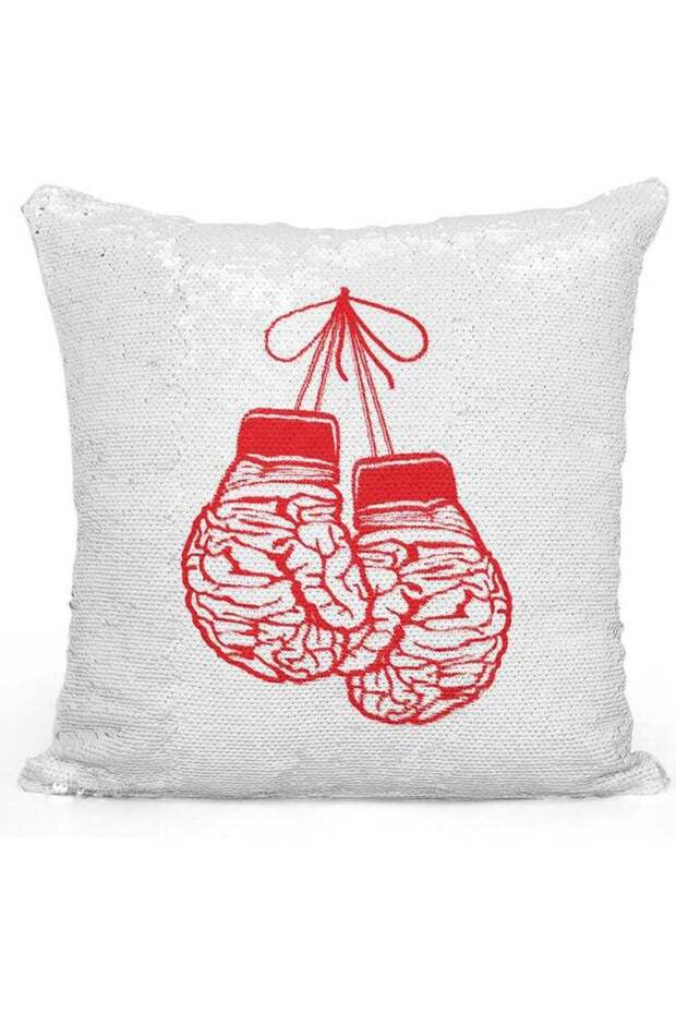 Boxing Printed Sequin Decorative Throw Pillow White/Red/Silver 40x40cm