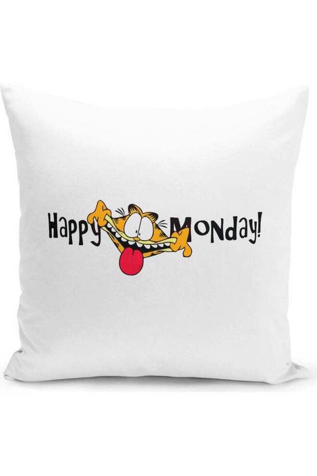Happy Monday Funny Crazy Cat Quote Themed Throw Pillow White/Red/Yellow 16x16inch
