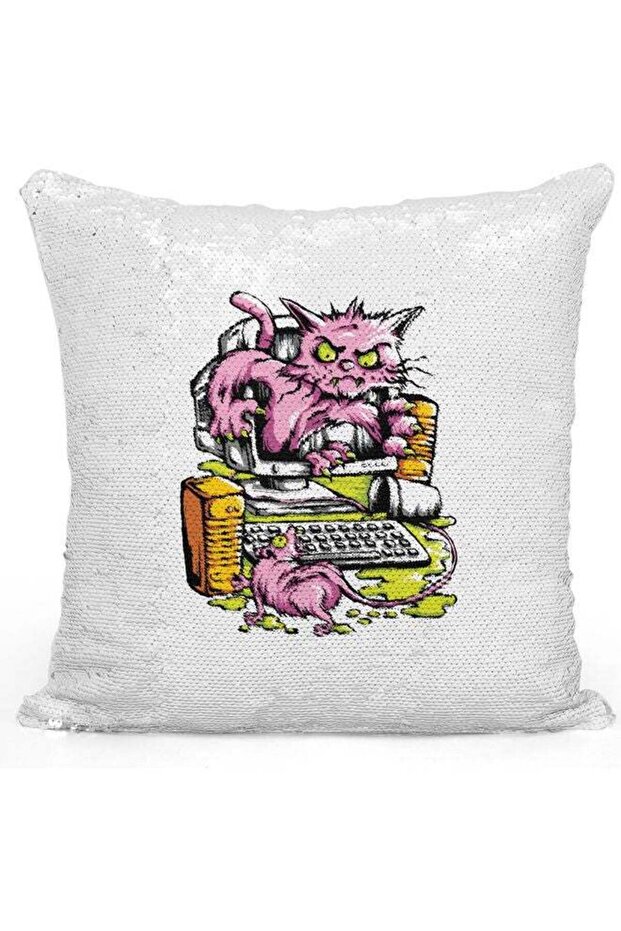 Cat Themed Sequin Decorative Throw Pillow White/Pink/Silver 40x40cm