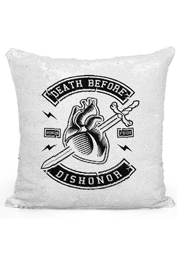 Death Before Dishonor Quote Themed Sequin Decorative Throw Pillow White/Black/Silver 40x40cm