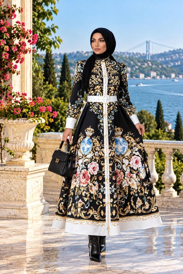 Atlas Fabric Full Buttoned Floral Dress (Belt Included)-White-2659