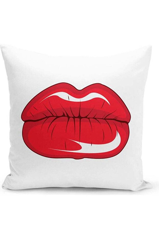 Red Lips Design Decorative Pillow White/Red
