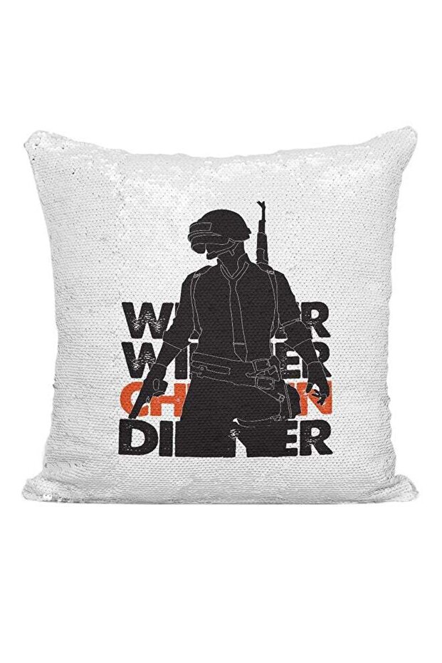PUBG Winner Chicken Dinner Sequined Cushion White/Silver/Black 16x16inch