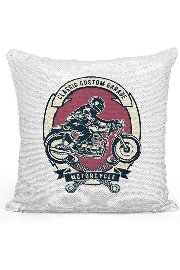 Classic Custom Garage Themed Sequin Decorative Throw Pillow White/Silver/Red