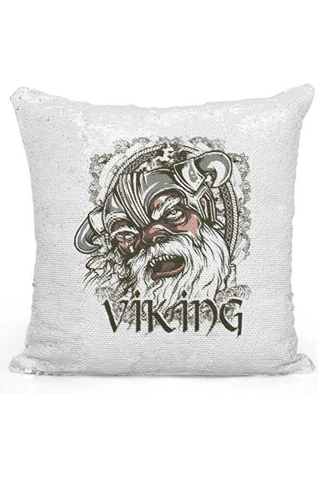 Viking Printed Sequin Decorative Throw Pillow White/Grey/Silver 40x40cm