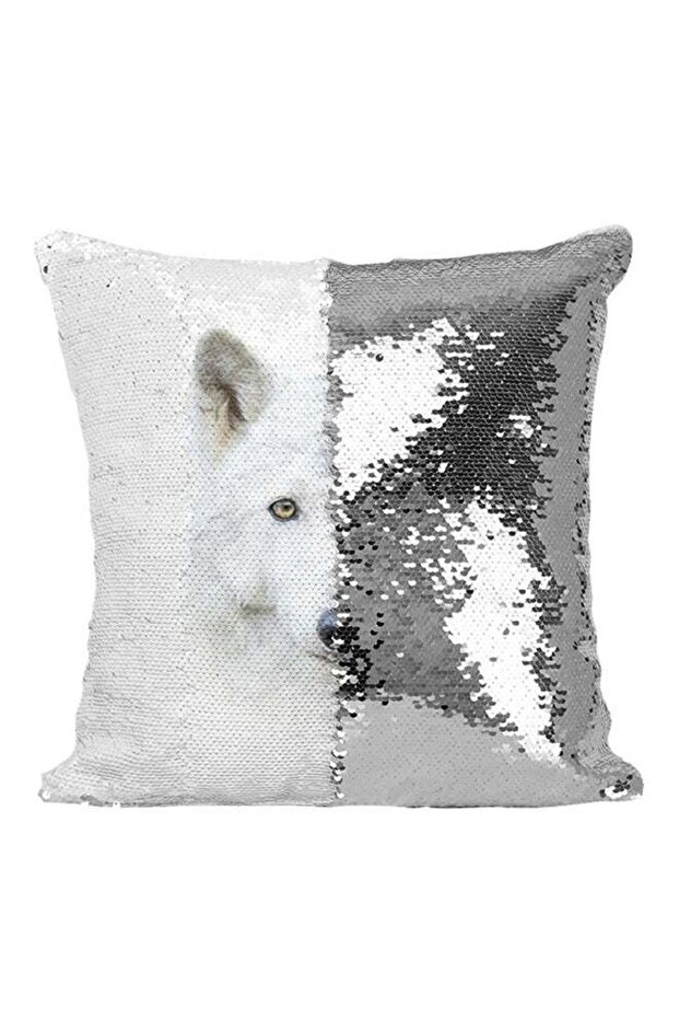 Wolf Face Sequined Throw Pillow Silver/White/Black 16x16inch