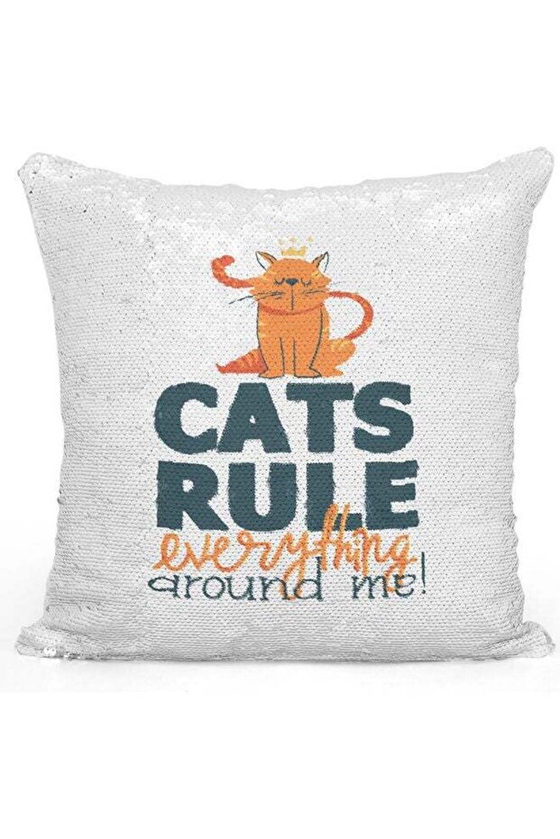 Cat Rules Printed Sequin Decorative Throw Pillow White/Blue/Silver 40x40cm