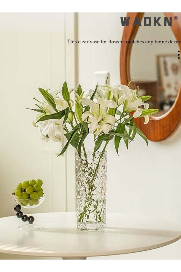 Modern Nordic Ins Style Clear Glass Vase 25cm Height Ice Pattern Gem Design, High-Quality Transpare