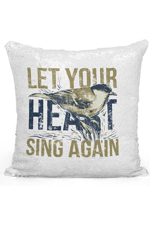 Sing Happiness Quote Themed Sequin Decorative Throw Pillow White/Silver/Brown 40x40cm