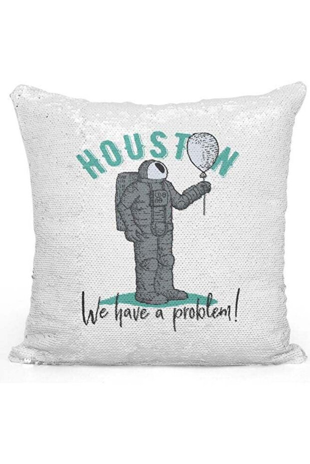 Houston Themed Sequin Decorative Throw Pillow White/Grey/Silver 40x40cm