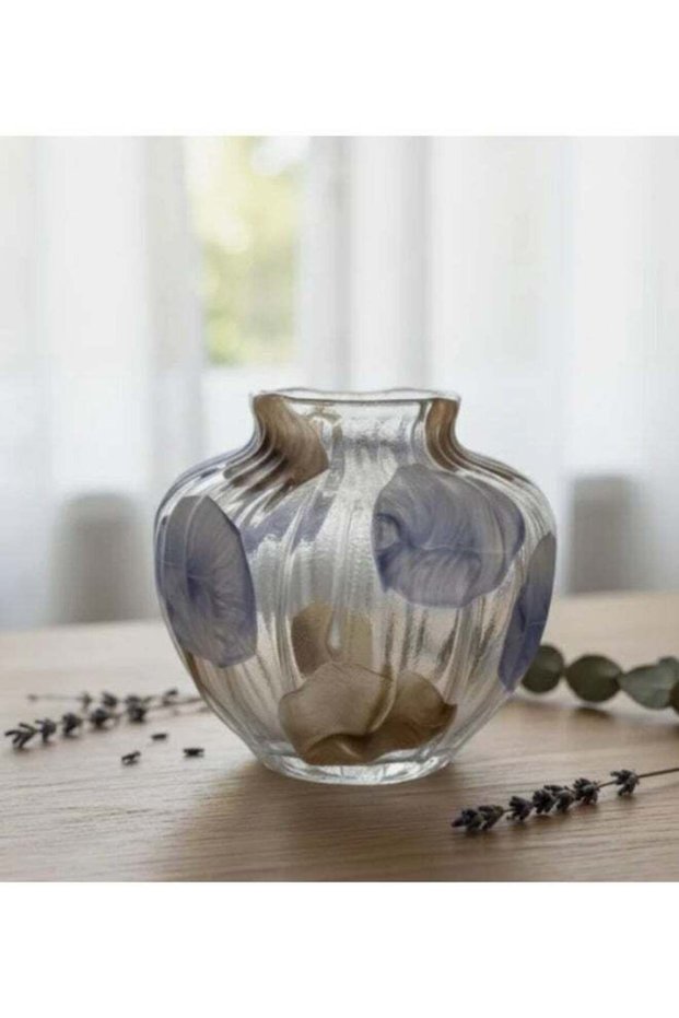 AKDC Compact Transparent Glass Vase with Classic Brown & Blue Pattern – 16×18 cm Home Decoration