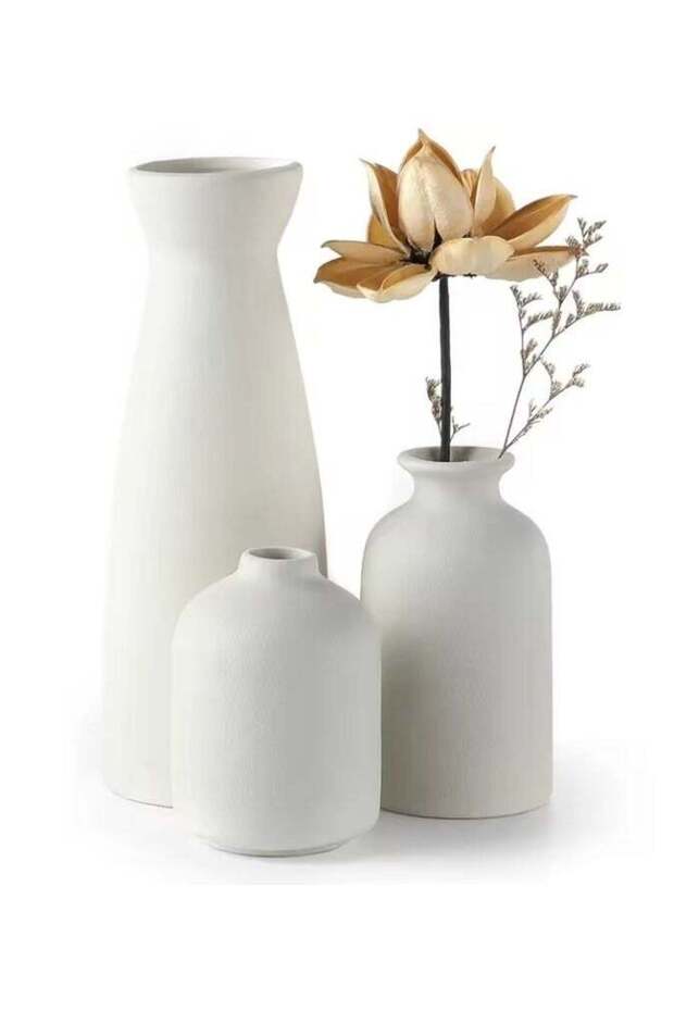 Set of 3 Mix Shape Ceramic Vases - White | with vase filler stones | Decorative Pieces for Home Dec