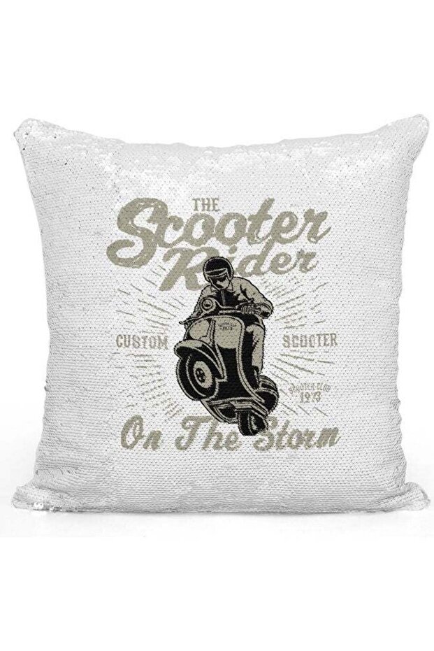 The Scooter Rider Themed Sequin Decorative Throw Pillow White/Silver/Grey 40x40cm
