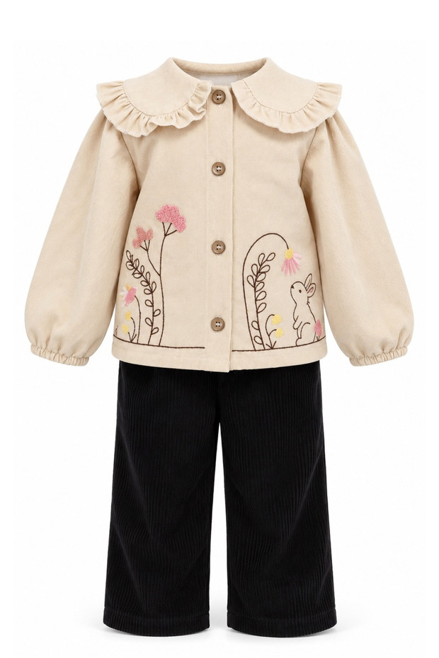 Girl's Top and Bottom Set with Rabbit Embroidery and Ruffle Detail on the Collar
