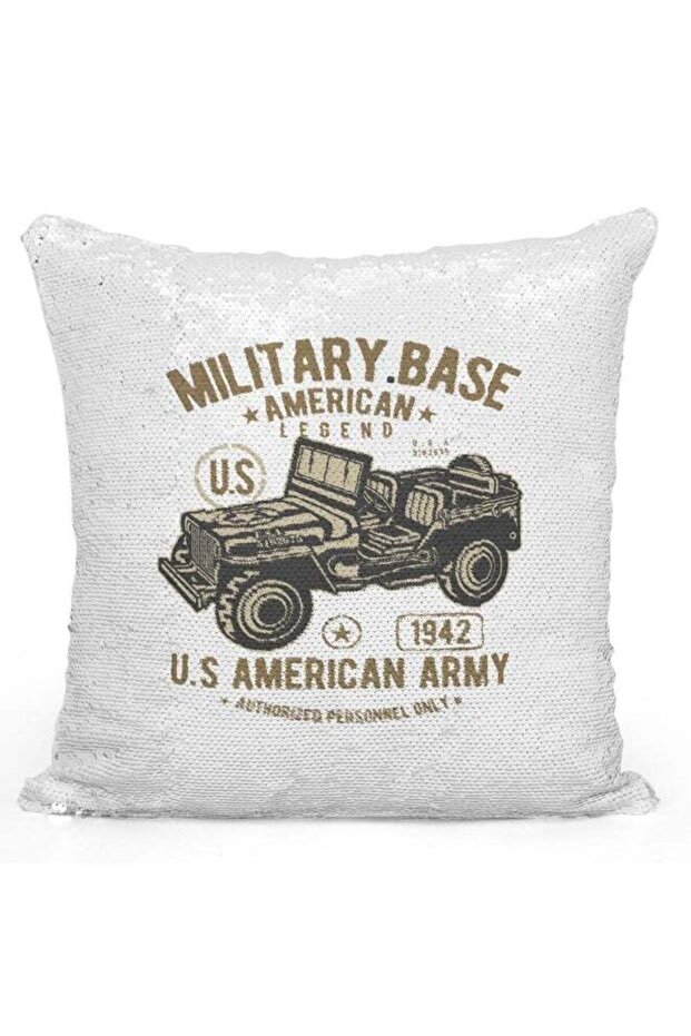 Decorative Throw Pillow - Military Base American Legend Sequin White/Beige/Brown 16x16inch