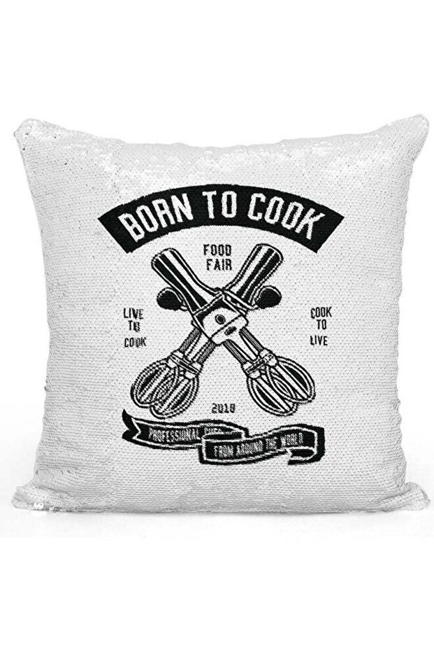 Born To Cook Themed Sequin Decorative Throw Pillow White/Black/Silver 40x40cm