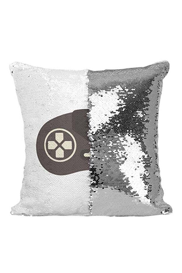 Game Controller Sequined Throw Pillow Silver/White/Brown 16x16inch