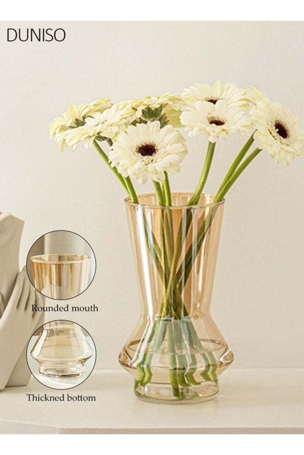 Modern Clear Glass Flower Vase, Warm Amber-Tinted Flared Neck Vase, 19.5cm Tall Decorative Centerpi