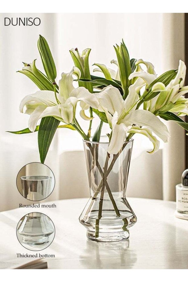 Modern Clear Glass Flower Vase, Sleek Grey-Tinted Flared Neck Vase, 19.5cm Tall Decorative Centerpi