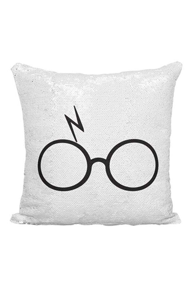 Harry Potter Glasses Printed Sequined Throw Pillow Silver/White/Black 16x16inch