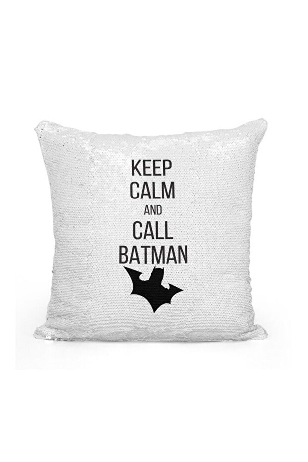 Keep Calm And Call Batman Sequined Throw Pillow Silver/Black/White 16x16inch