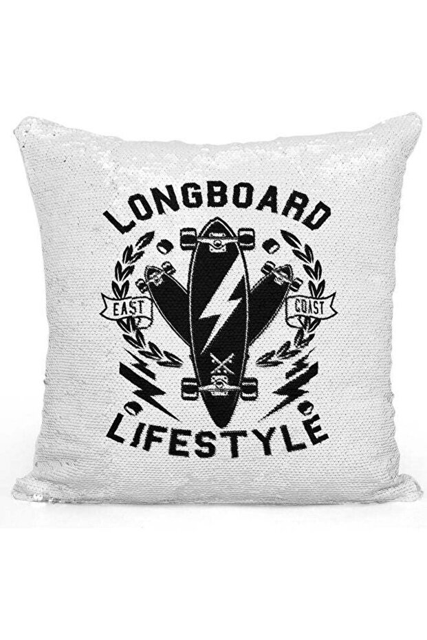 Long Board Quote Sequin Decorative Throw Pillow White/Silver/Black 40x40cm