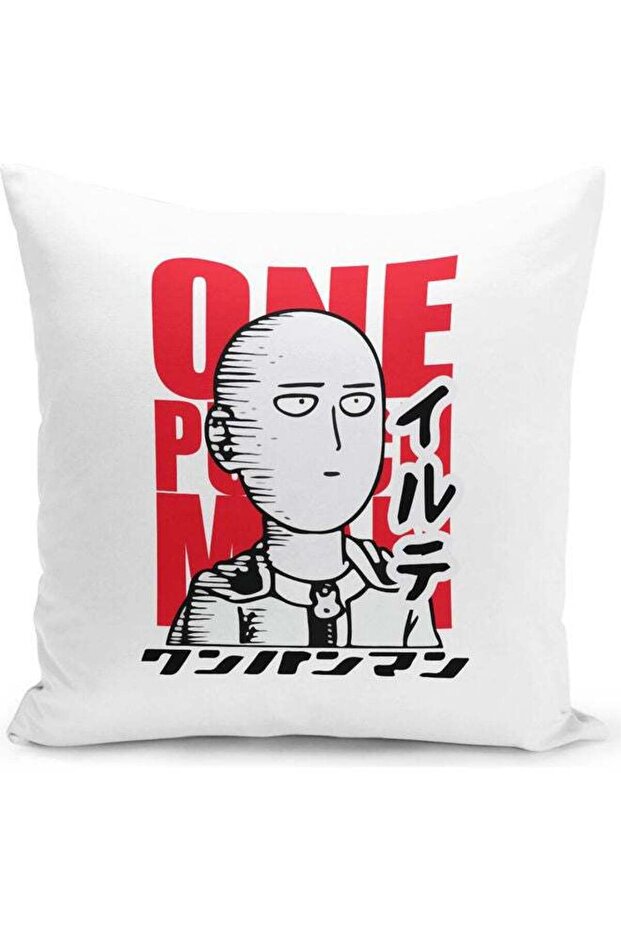 Minimalistic Japanese Style Art One Punch Man Themed Throw Pillow White/Black/Red 16x16inch