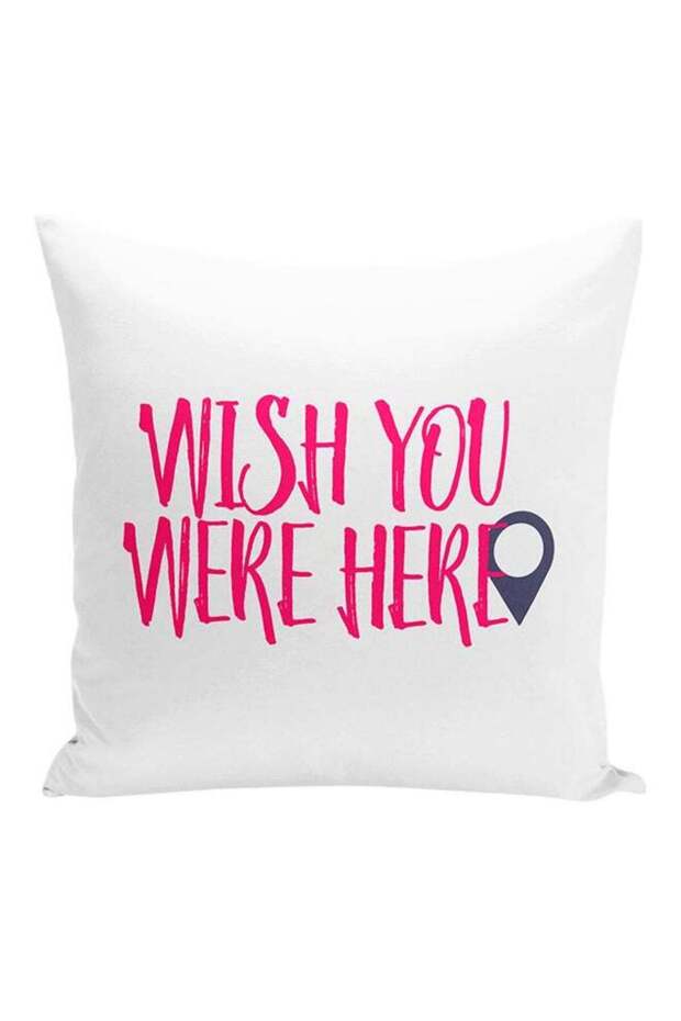 Wise You Were Here Pin Printed Decorative Pillow White/Pink/Blue 16x16inch