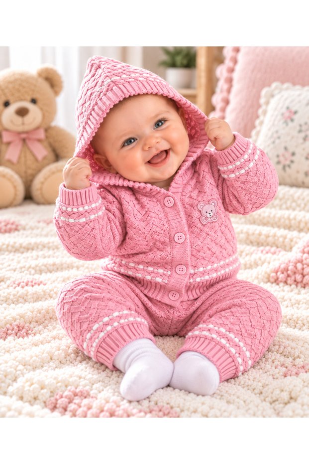 Baby Girl Hooded Knitted Sweater Set Pink – Cardigan and Pants Set