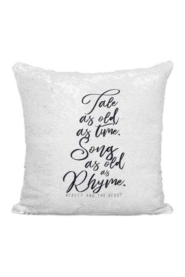 Beauty And The Beast Rhyme Quote Printed Sequined Throw Pillow Silver/White/Black 16x16inch