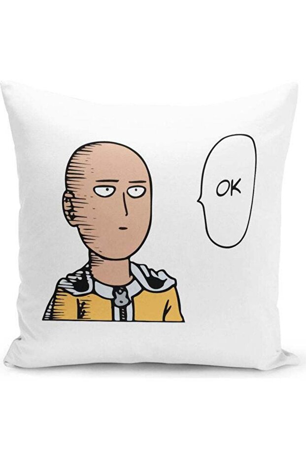 Bald Cape One Punch Man Quote Themed Throw Pillow White/Black/Yellow 16x16inch