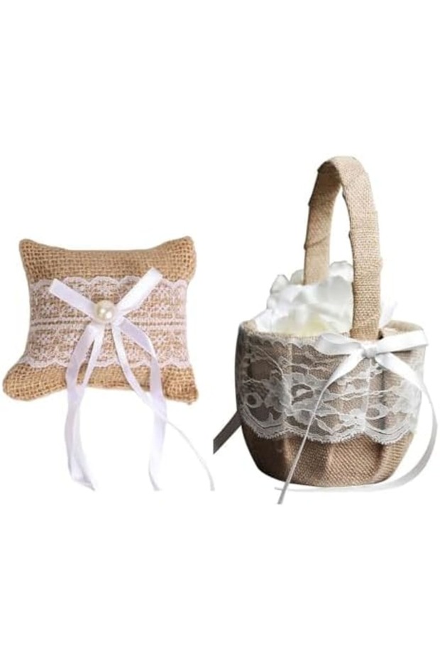 Romantic Lace Wedding Ring Pillow and Flower Basket Set - Flower Girl Baskets, Witness Love with So