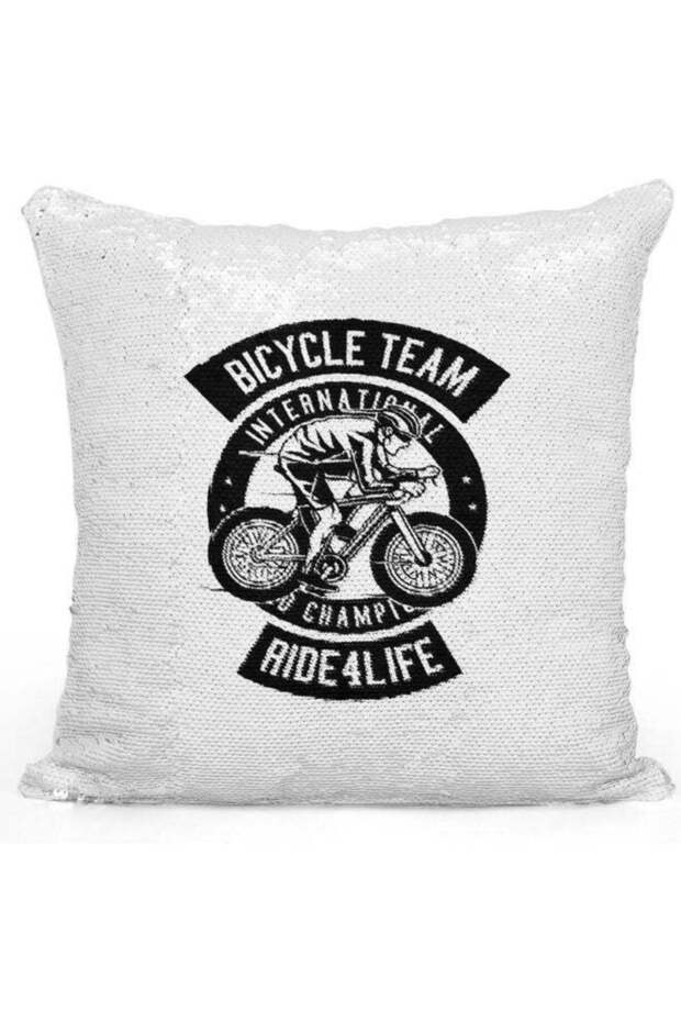Bicycle Team Printed Sequin Decorative Throw Pillow White/Black/Silver 40x40cm