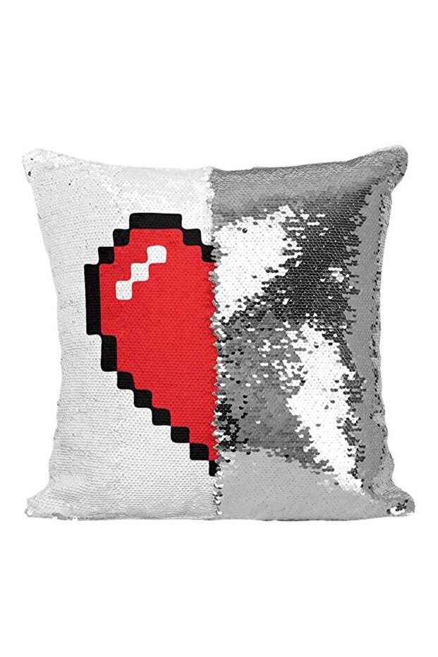 Love Heart Sequined Throw Pillow Silver/White/Red 16x16inch