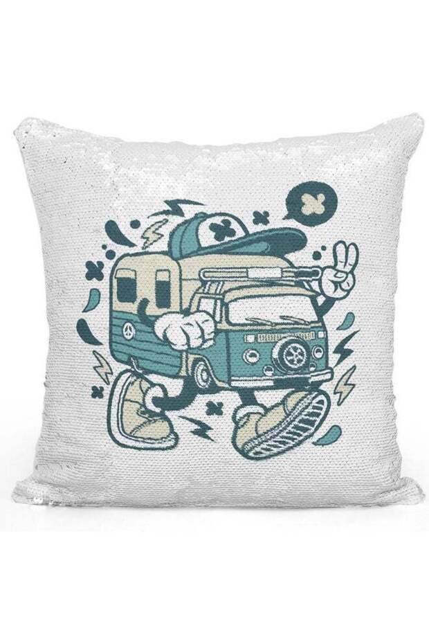 Old Van Character Themed Sequin Decorative Throw Pillow White/Blue/Silver 40x40cm