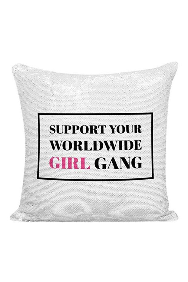Support Your World Wide Girls Gang Motivational Quote Sequineded Decorative Pillow White/Silver/Bla