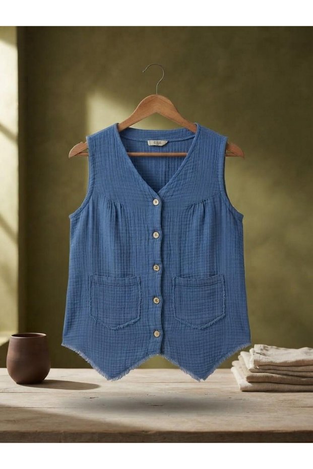 Cotton Muslin Buttoned V-Neck Tassel Vest with Dirty Stitching