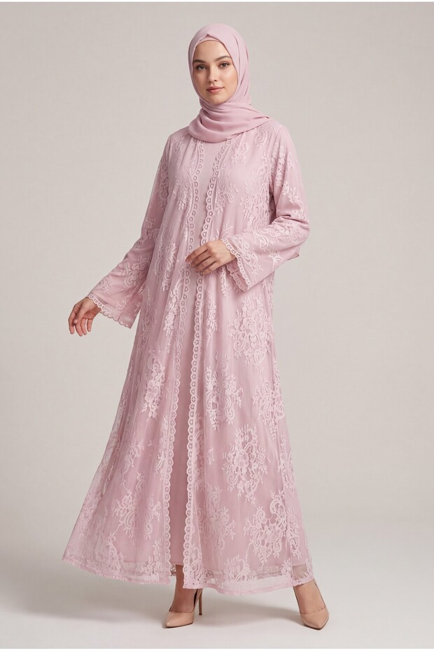 Blush Pink French Lace Abaya with Pockets