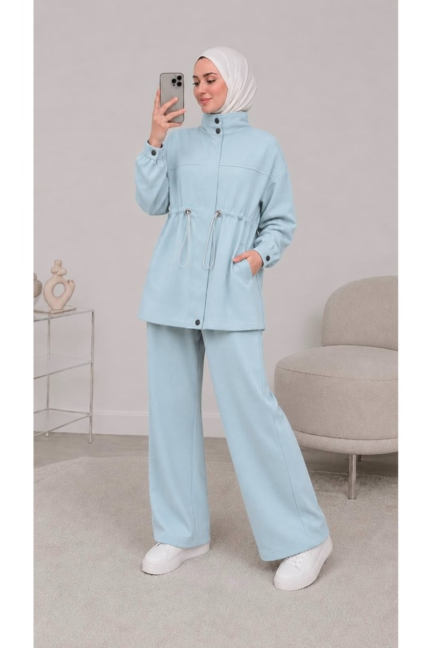 Modest Cotton Two Piece Set Women Clothing Long Jacket and Wide Leg Pants Set