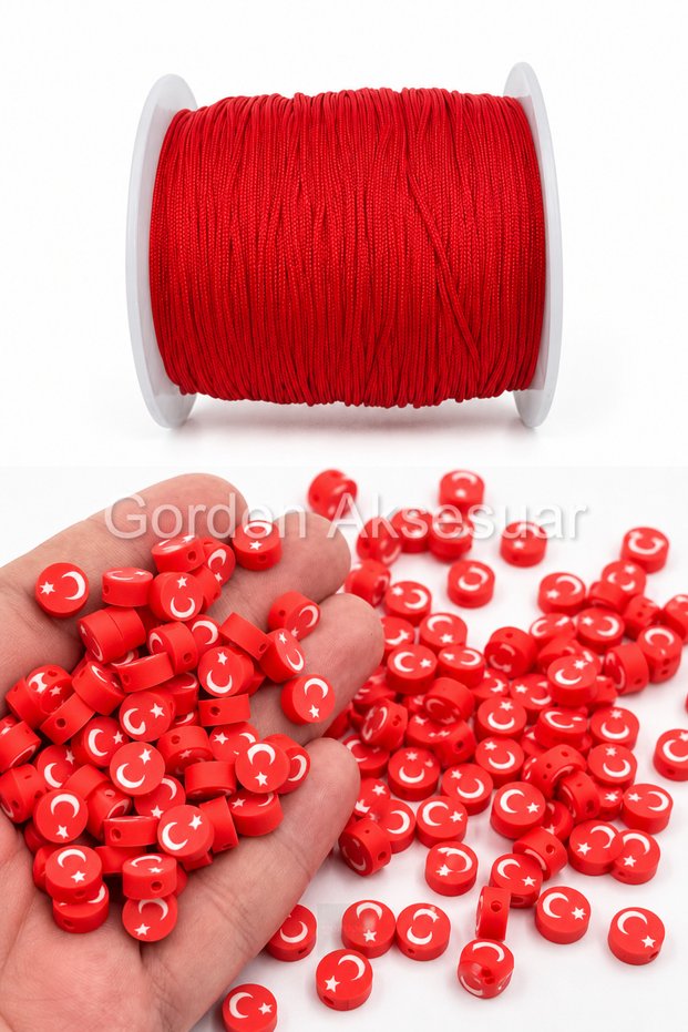 50 Pieces of Turkish Flag Fimo Beads and Red Parachute Cord 100 Meters