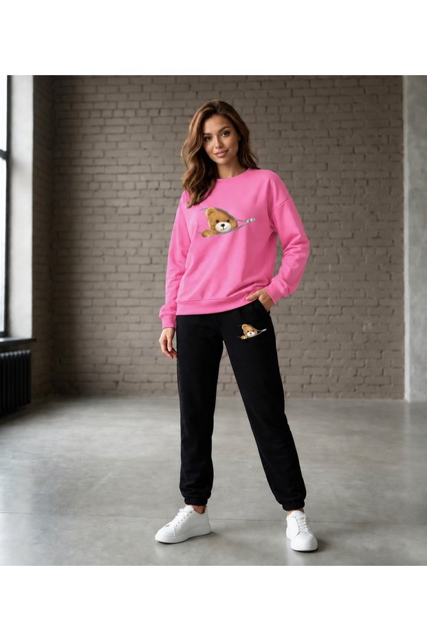 Zero Collar Sweat Suit 2-Piece Combination with Zippered Bottom and Top Unisex with Bear Print