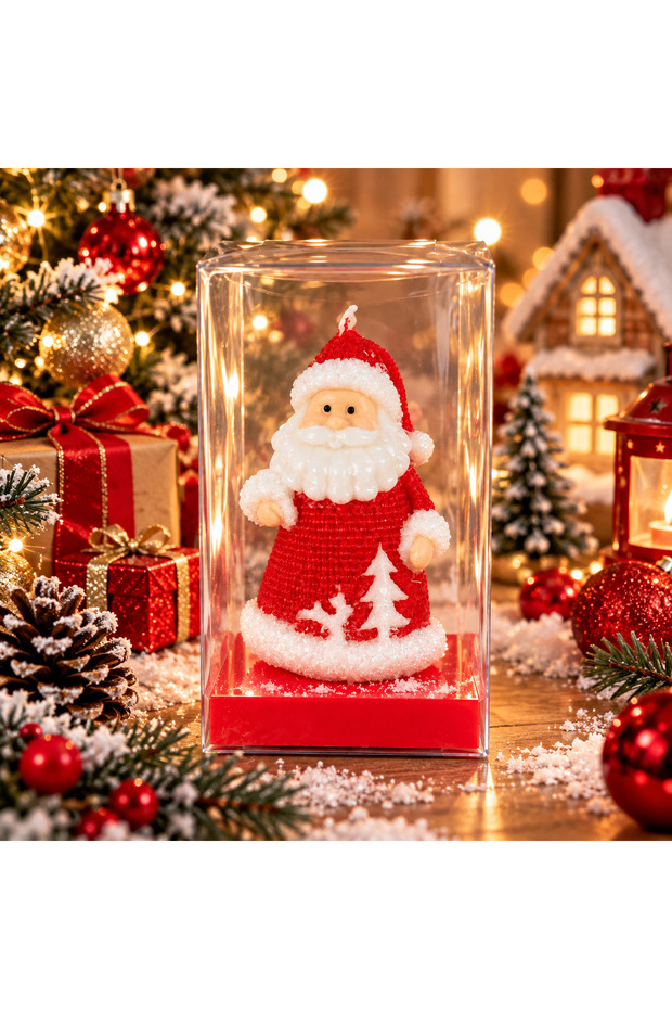 Christmas Decorative Candle with Santa Claus Figure - New Year Ornament in Transparent Box