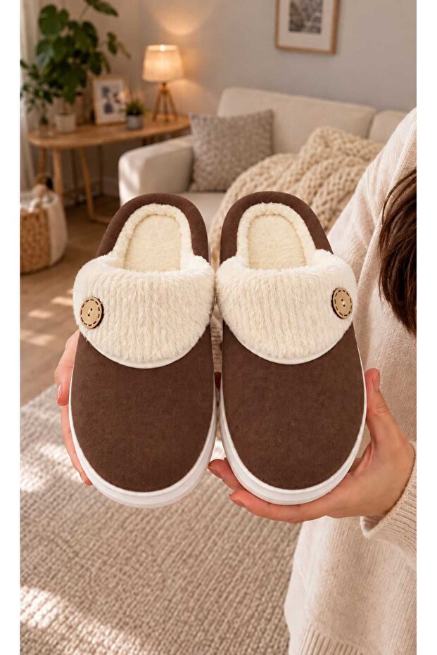Women's Button Detailed, Soft, Plush, Washable Home Slippers, High Thick Sole, Warm Home Slippers