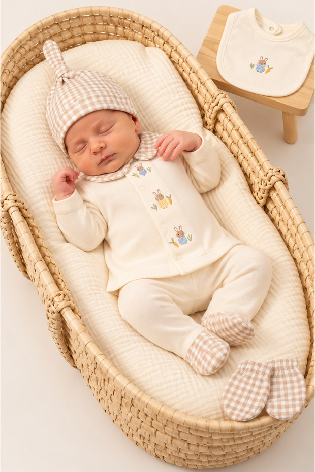 Baby Boy Plaid Rabbit 5-Piece Hospital Discharge Set Newborn 0-3 Months Organic Cotton