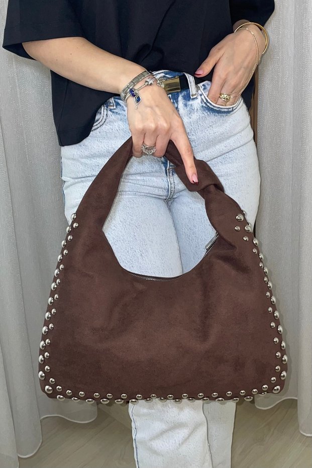 Women's Brown Studded Suede Look Large Shoulder Bag