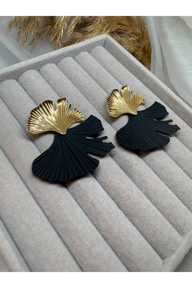 Gold and Black Color Leaf Figured Two Color Design Women's Earrings