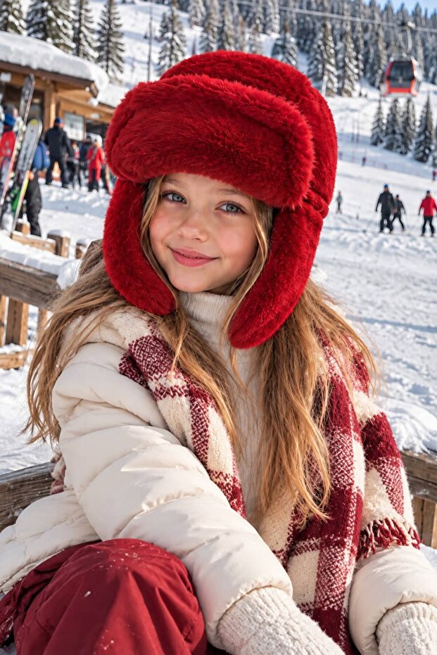 Red Plush Fur Hat with Earflaps and Snap Fasteners for Girls, Ages 10-18