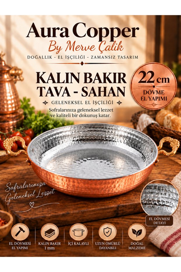 Thick Copper Pan with Hand-Engraved Design, 1 Mm, Tin-Coated Inside, Double Handles