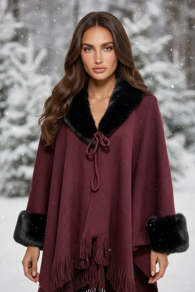 Women's Fur Detailed Tasseled Knitwear Poncho Tie-Down Collar Winter Cape Shawl