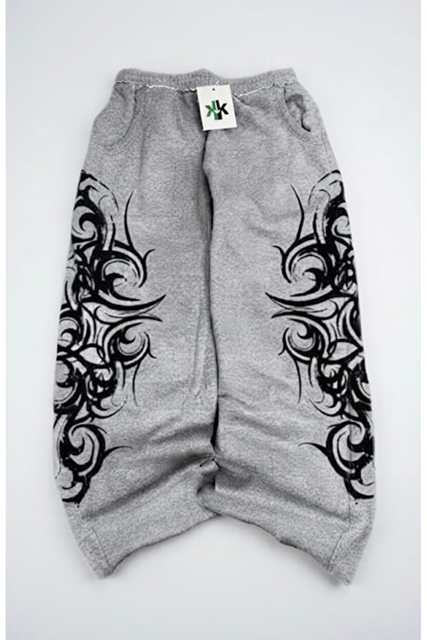 Gray Melange Tribal Printed Baggy Elastic Waist Sweatpants